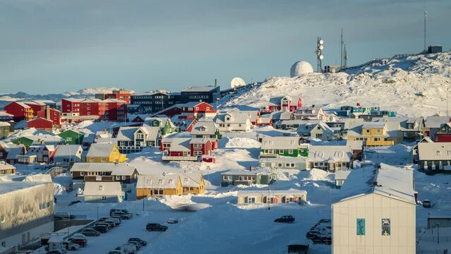 Time Lapse clip from Nuuk in Greenland with the town houses seen in the winter morning sunlight