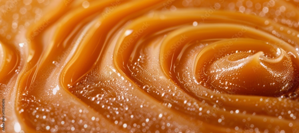 Poster close up of delicate liquid caramel swirl with smooth lines background texture