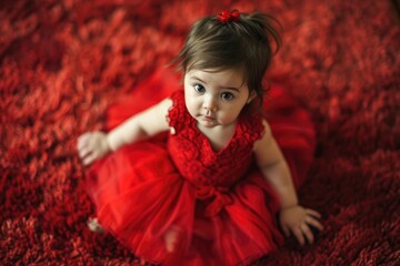 AdorabAdorable Baby Girl in a Red Dress Posing for a Photo.le little girl posing in background. Fictional Character Created by Generative AI.