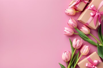 Women's Day. background with copy space. poster with tulip flowers and gift boxes. pink color. generative ai