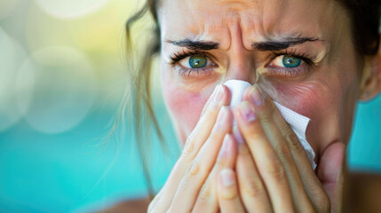 Health problems and illnesses. Runny nose and sneezing. Portrait - obrazy, fototapety, plakaty