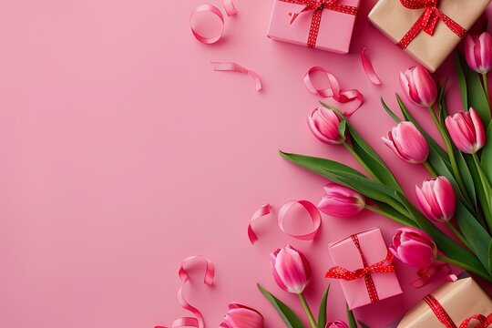 Women's Day. background with copy space. poster with tulip flowers and gift boxes. pink color. generative ai