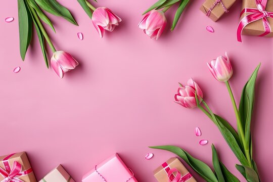 Women's Day. background with copy space. poster with tulip flowers and gift boxes. pink color. generative ai