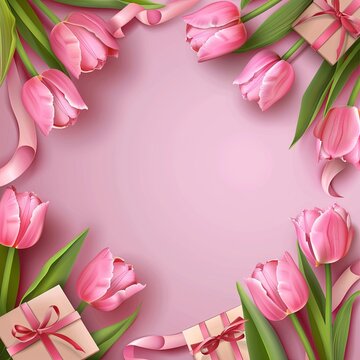 Women's Day. background with copy space. poster with tulip flowers and gift boxes. pink color. generative ai
