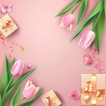 Women's Day. background with copy space. poster with tulip flowers and gift boxes. pink color. generative ai