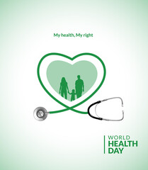 World Health Day, Health Day creative, stethoscope with world map, heart, family, natural, stethoscope, vector illustration. 