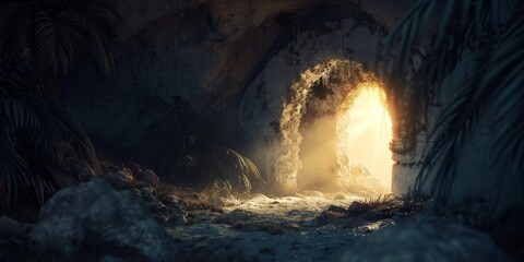 stone rocky empty cave tomb and light rays easter Generative AI