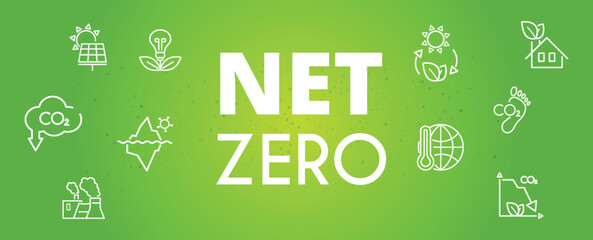 Zero emission by 2050 and carbon neutral concept on green background. Vector illustration. The goal is to reduce CO2 emissions and greenhouse gases.