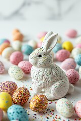 Fototapeta na wymiar Easter Bunny Figurine with Colorful Eggs