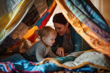 A creative playtime session with a mom and toddler building a fort out of blankets