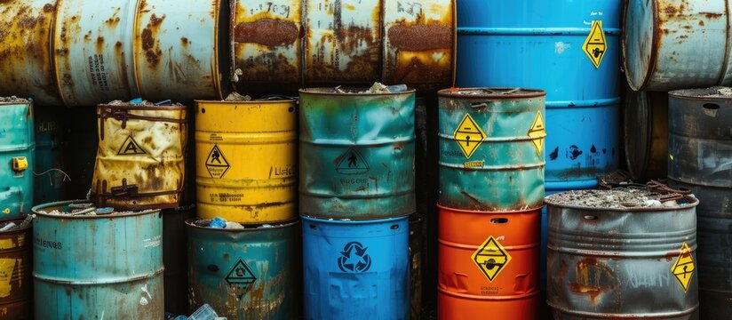 Toxic waste stored in various containers, including old chemical barrels, blue methanol drums, and steel chemical tanks, with hazardous warning symbols.