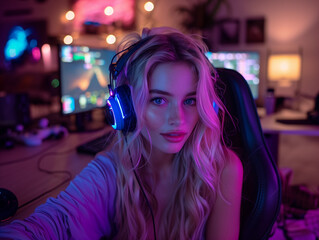 Gamer girl with headphones and colored leds