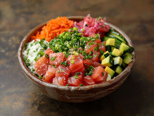 Poke bowl with salmon, tuna, rice, zucchini and healthy food