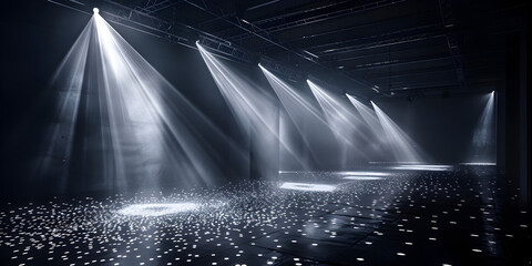 Empty stage background spotlight backstage fog clouds light rays podium scene theatre white. - obrazy, fototapety, plakaty
