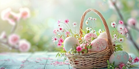 Fototapeta na wymiar Easter eggs in a wicker basket Easter Generative AI