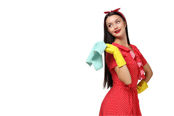 Housewife girl with means for cleaning the house, on a gray background.
