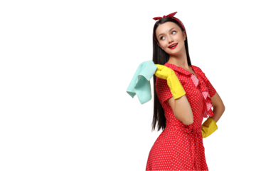 Housewife girl with means for cleaning the house, on a gray background.