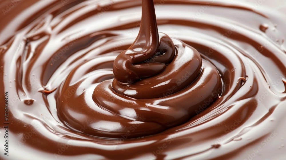 Poster delicious liquid chocolate swirl with smooth caramel lines close up for background