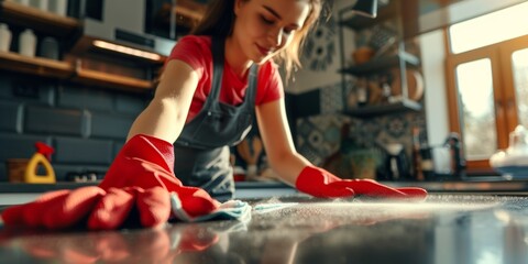 Fototapeta na wymiar woman cleaning the house wearing gloves Generative AI