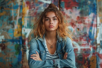 A young woman stands arms crossed, pensive against a colorful artistic background