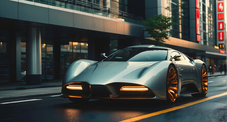 Modern futuristic sport race car in city street at night, auto background, automotive wallpaper,...