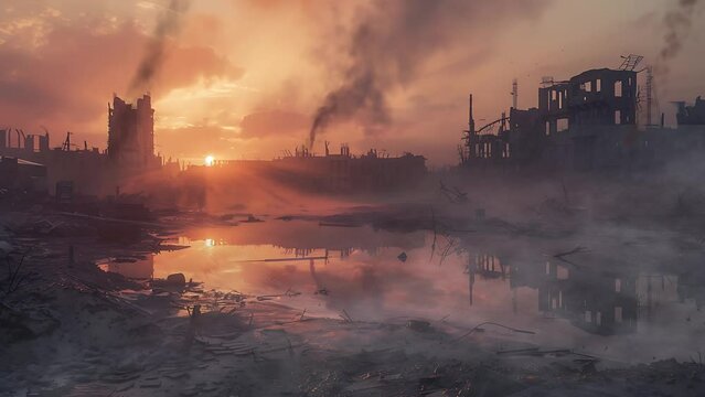 The city of the apocalypse in black smoke. After the war. Eco-catastrophe. View of the ruined city.