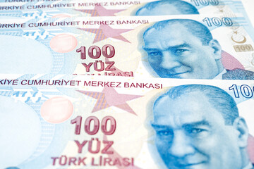 Banknotes of  100 Turkish lira as background, top view - 753547241