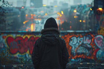 A solitary figure stands before a vibrant graffiti wall, with the blurred city lights creating a...