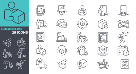 Logistics line vector Icon set. Pixel perfect. Editable stroke. The set contains icons: Warehouse, Freight Transportation stock illustration. Icon Symbol, Business, Delivering, Box - Container