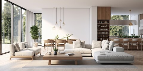 Contemporary house with white walls, featuring a spacious living room with a grey sofa, coffee table, and dining zone.