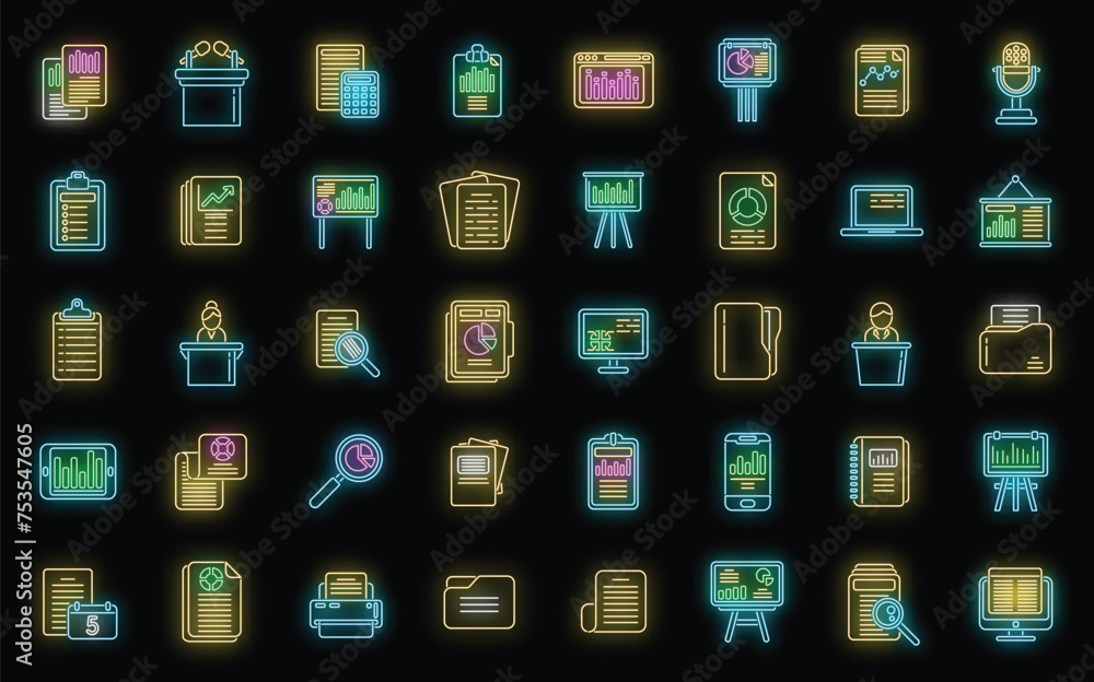 Poster report icons set outline vector. performance chart. data document neon isolated