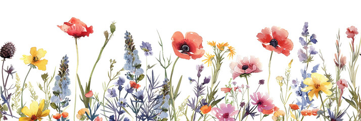 Watercolor wildflower border on white background, perfect for springtime designs, seamless
