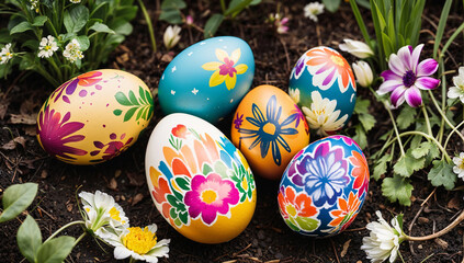 Fototapeta premium Colorful hand painted like Easter eggs lying on the ground, hidden away from the children to find in a lovely spring garden with flowers.