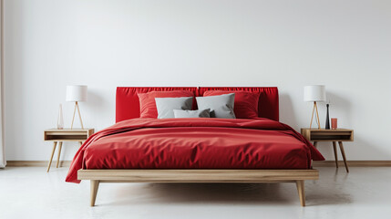 bedroom with red bed and pillows