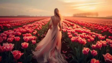 Tuinposter Girl in a beautiful light dress against the backdrop of tulip fields © brillianata