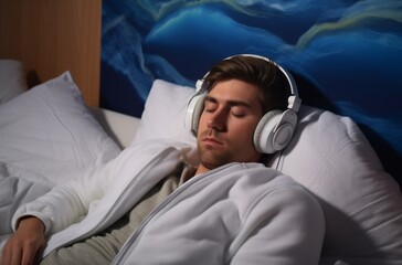 A man wearing headphones lying in bed with his head on the pillow enjoying music or audio content, audio and visual sleep aids, tranquil storytelling, world sleep day serenity