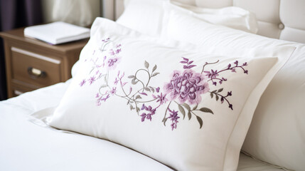 Decorative elements and fabric patterns on a white pillow