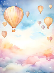 Obraz premium watercolor-frame-themed-with-various-balloons-floating-amidst-watercolor-washed-clouds-pastel