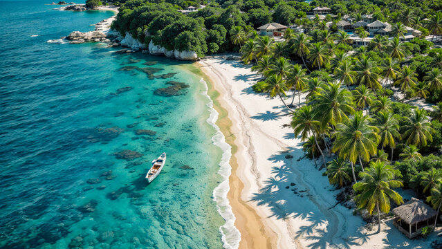 Aerial view of turquoise ocean water, white sand beach with big rocks and boats