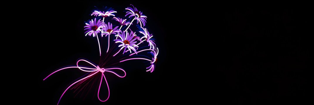 Neon daisy bouquet silhouette isotated on black background.