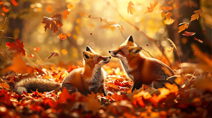 A pair of red foxes playing amidst vibrant autumn leaves, their fur standing out against the rich greenery of the forest. - obrazy, fototapety, plakaty