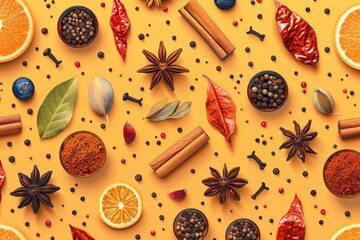 Various Types of Spices on Orange Background