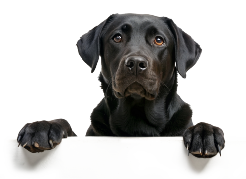 Black Labrador dog with paws on placeholder area isolated on transparent background