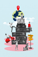 Vertical collage young people travelers do different activities luggage stack sit top waiting...