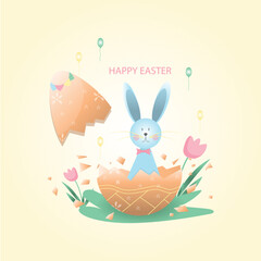 easter card with bunny flat design vector illustration, happy EASTER Concept.