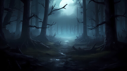 Mysterious dark forest at night