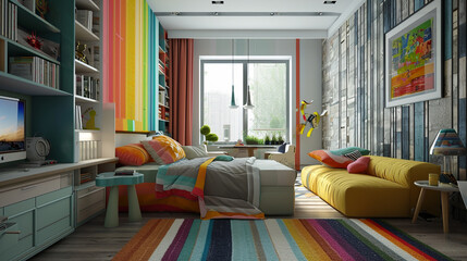 colorful bed room with windows 