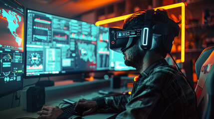 Cybersecurity Expert in Virtual Reality Interface.
A focused man engages with a futuristic virtual reality interface in a high-tech cybersecurity control room.