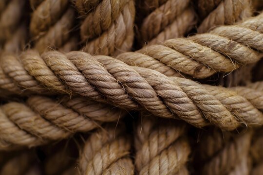 Rope with knot. A close-up image of a rope with a neatly tied knot, isolated on a white background. The texture of the rope and the details of the knot are clearly visible