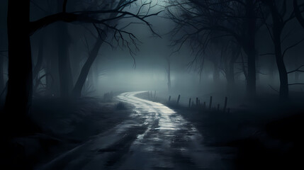 Mysterious dark forest at night